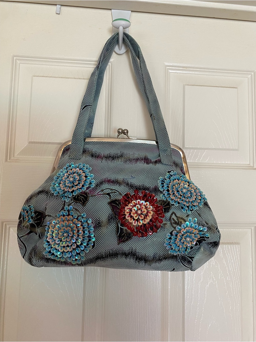 Embellished Floral Sequin Frame-Top Shoulder Bag - Blue